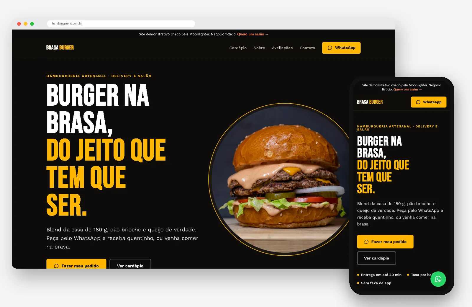 Site demonstrativo Brasa Burger no computador e no celular