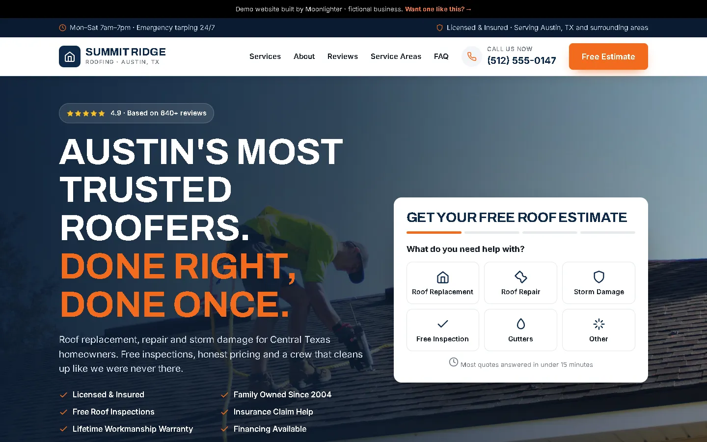 Preview of Summit Ridge Roofing, a fictional website demo designed by Moonlighter